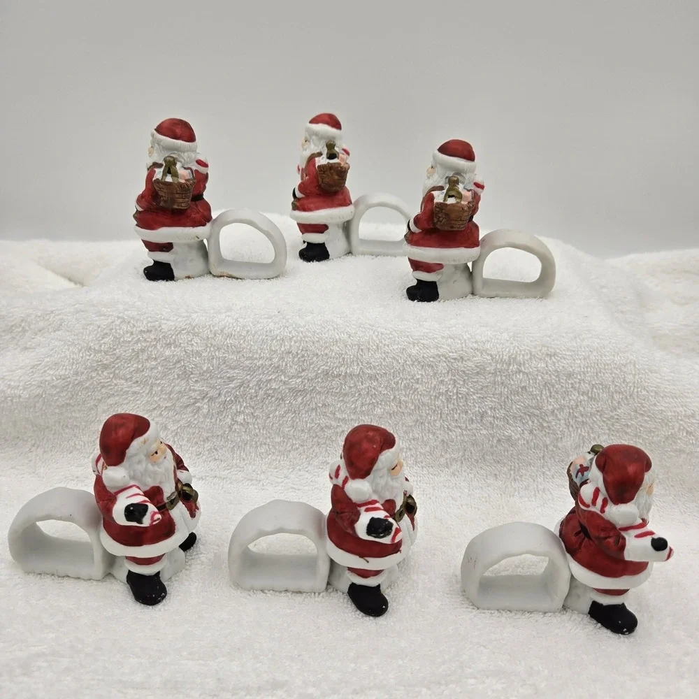 Vtg Santa Claus W/ Bag Candy Cane Ceramic Napkin Rings Hand Painted Set of 6